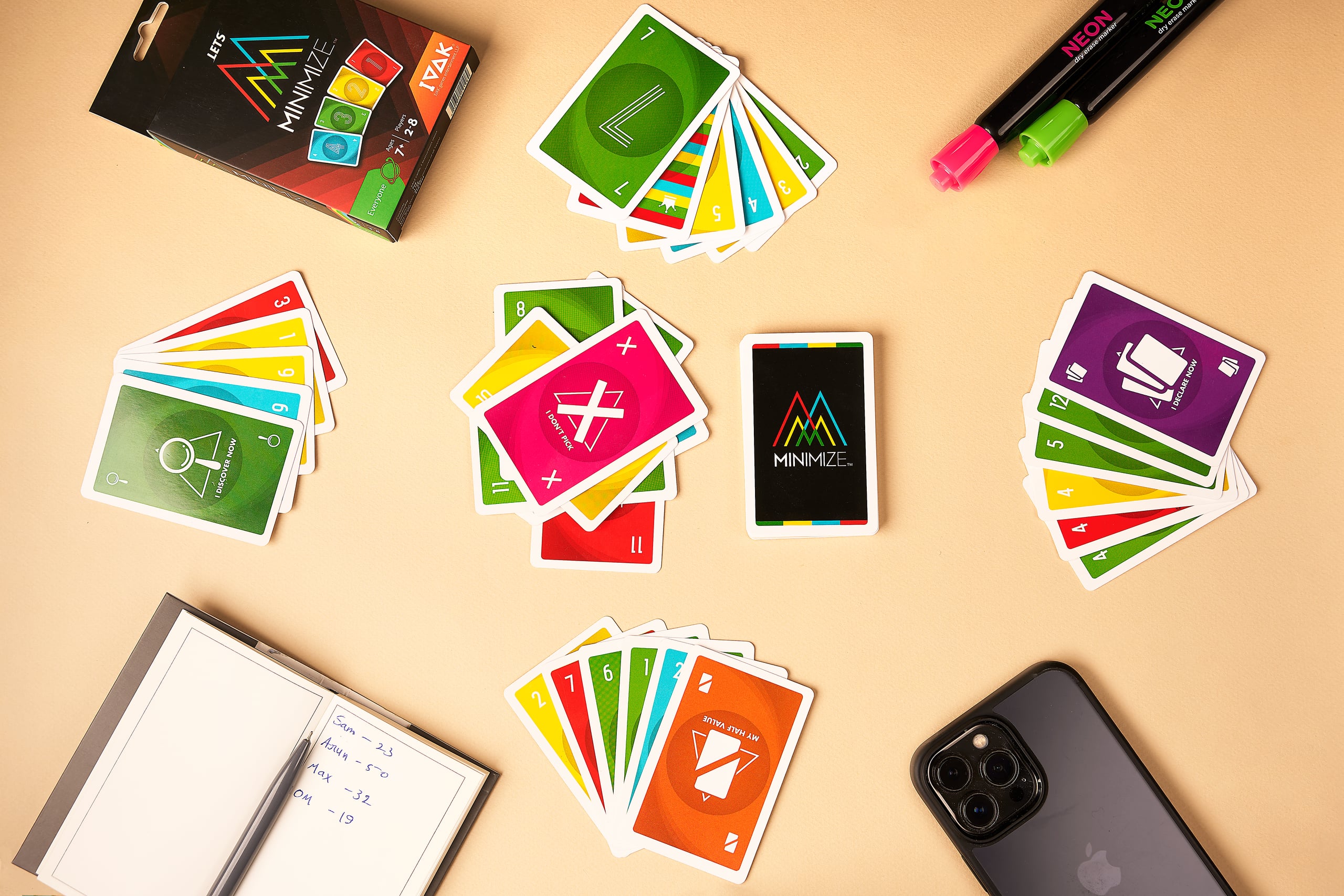 Overhead view of a Minimize game in progress with a scorepad